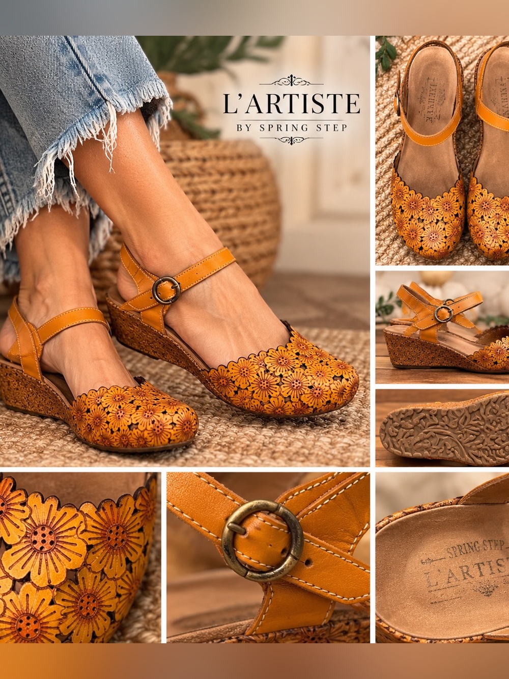 L’Artiste Spring Step Floral Leather Wedge Sandals Size 6 Boho